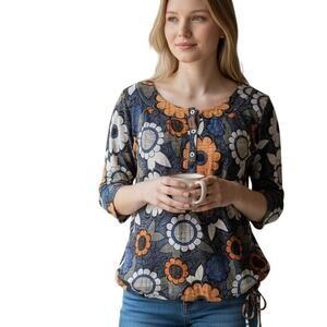 Next Floral Top Womens Size 10 Blue Orange White Mod Cotton Casual Henley Blouse